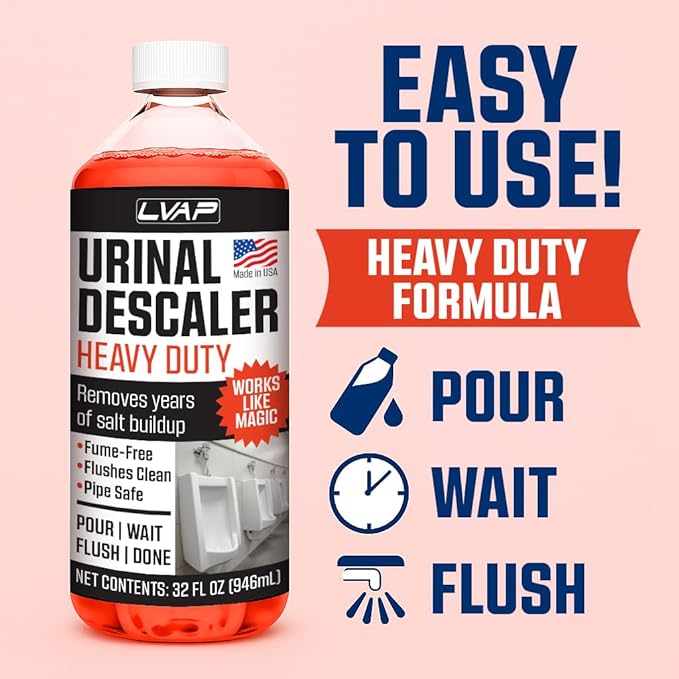 LVAP Heavy Duty Urinal Descaler – Urinal Salt Remover – Commercial Grade Urinal Cleaner & Drain Odor Eliminator. Removes Calcium, Rust and Scale Build Up. Safe for Plumbing – 32 fl oz