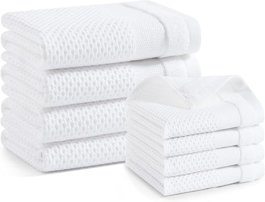 Homaxy Kitchen Towels and Dishcloths Set, 12 x 12 and 13 x 28 Inches, Set of 8 100% Cotton Waffle Weave Kitchen Towels, Super Soft and Absorbent Dish Cloths, White