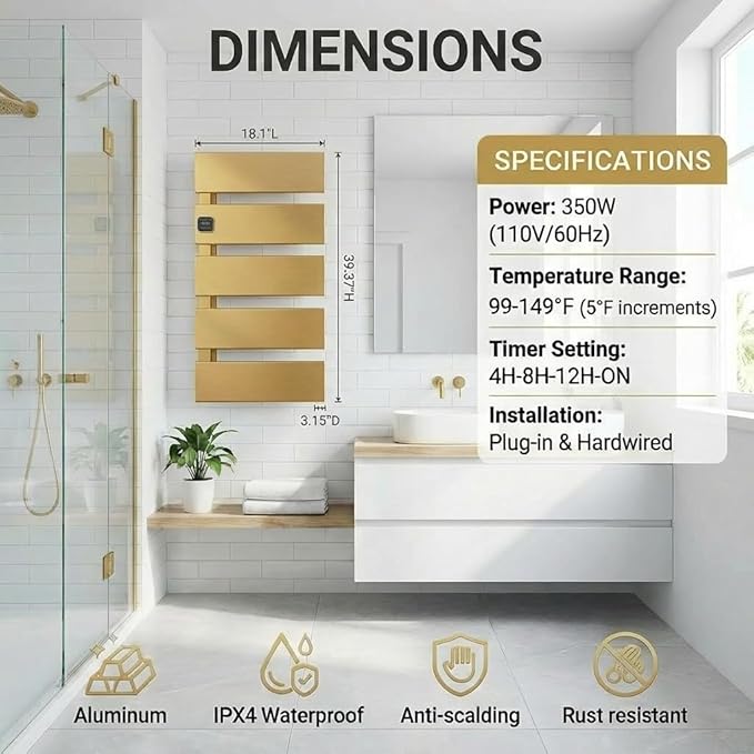 L Series Electric Towel Warmer for Bathroom, 5 Panel, Gold | Thermo Control and Timer, Fast Heat in 3 Mins, Dry Towels in 4 hrs, Memory Function, Work with Smart Plug, Left-Wiring