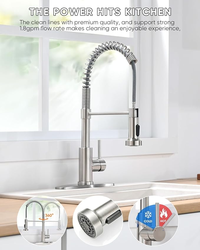 Kitchen Faucets, Brushed Nickel Kitchen Sink Faucet with Pull Down Sprayer Single Handle with Deck Plate Stainless Steel, Suitable for Farmhouse Camper Laundry Rv Bar - OWOFAN 9009SN