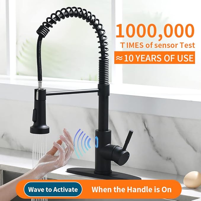 Touchless Kitchen Faucet with Pull Down Sprayer LED Light Single Handle Kitchen Sink Faucet Motion Sensor Smart Hands-Free, Stainless Steel Black