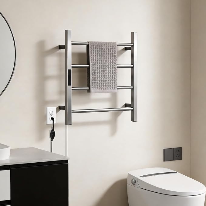 Heated Towel Racks for Bathroom, Hot Towel Warmer 4 Bars with 24hr Timer Stainless Steel Wall Mounted Electric Towel Warmers for Bathroom (Nickel, 4-Bar)