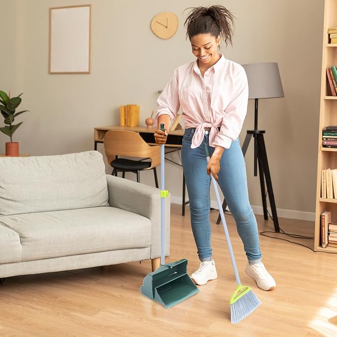 Pine-Sol Broom and Dustpan Set for Home - Both Indoor, Outdoor and Wet or Dry Use – Upright Standing Combo with Adjustable Handle for Comfort