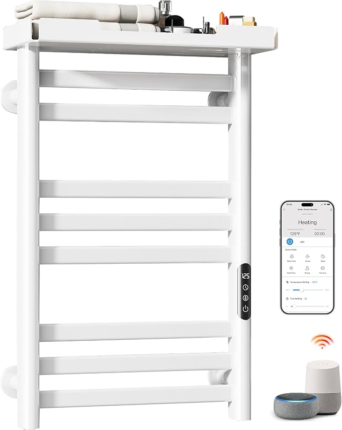 ENZE Smart Heated Towel Rack, 8-Bar Wall-Mounted Electric Towel Warmer with Shelf, Wi-Fi App Control, Adjustable Temperature & 24H Timer, Low Carbon Steel, IPX5, Plug-in/Hardwired, White