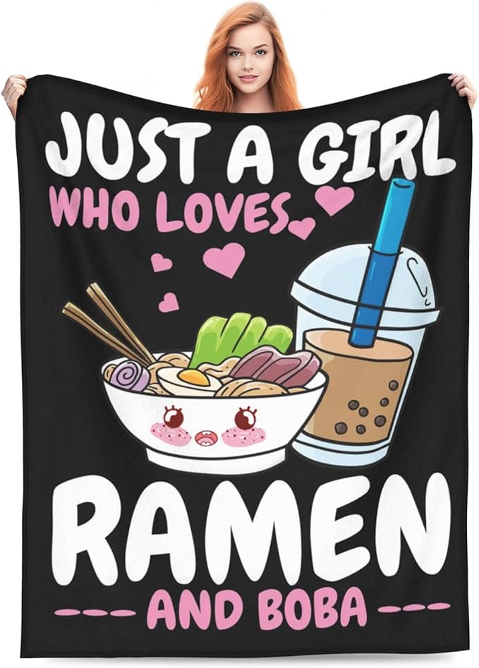 Ramen Blanket Just A Girl Who Loves Ramen and Boba Throw Blanket Super Warm Soft Plush Lightweight Fleece Flannel Ramen Noodles Blanket Gifts for Girls Baby Kids Women for Sofa Couch Bedding 60"X80"