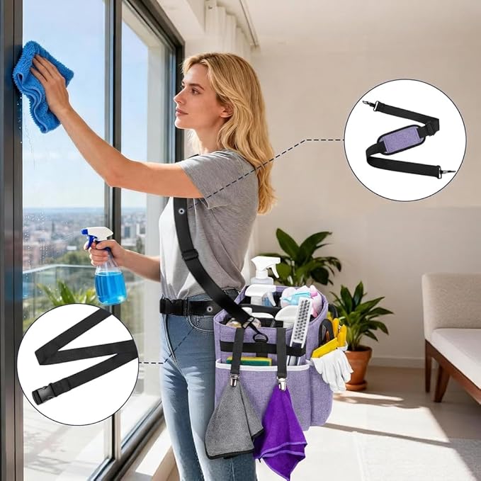 Ytonet Cleaning Caddy, Wearable Cleaning Supplies Organizer with 4 Foldable Dividers, Large Cleaning Caddy for Cleaning Supplies with Handle and Shoulder Straps, Cleaning Bags for Housekeepers, Purple