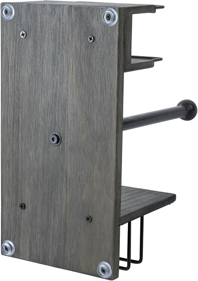 MyGift Rustic Paper Towel Holder & Napkin Holder Set – Wooden Countertop Kitchen Caddy with Spice Rack (Matte Black Industrial Style)