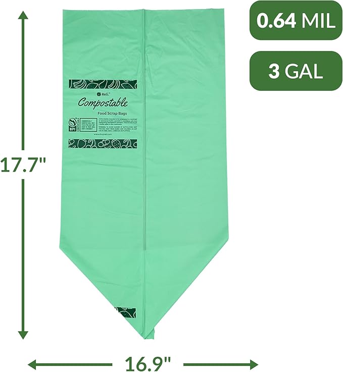 Reli. Compost Bags 3 Gallon (150 Count) | ASTM D6400 | Compostable Trash Bags for Food Scraps | Small Composting Liners for Kitchen Compost Bin/Countertop Bin | Green, Eco for Food Waste, 3 Gal
