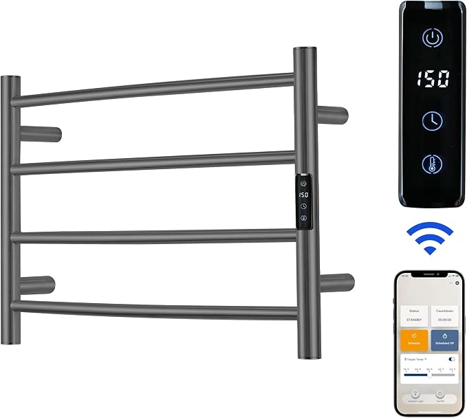 Electric Towel Rack with Voice Control for Alexa & Google Home,TUYA - Wall-Mounted Bathroom Heating Towel Warmer,Plug-in,Stainless Steel Material,16.54x23.62x5.51 in,Gunmetal Grey，4 Bars