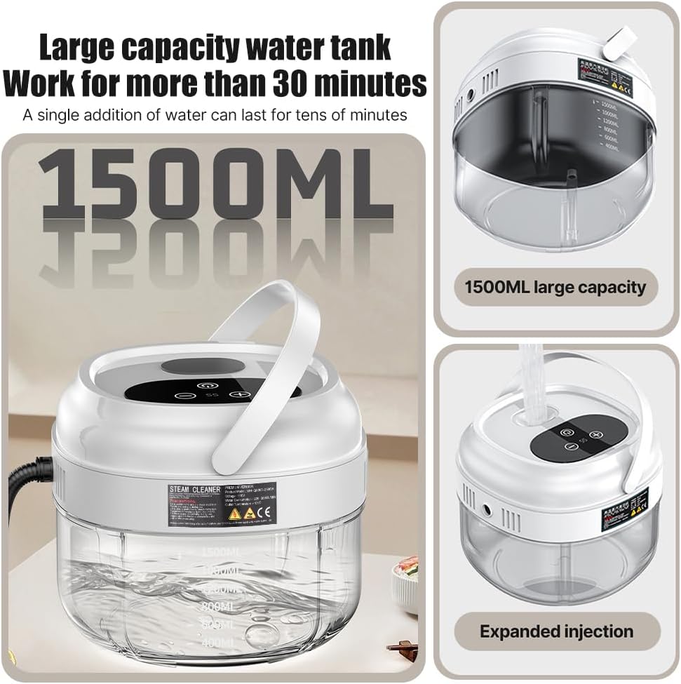 Irishom Pressurized Handheld Steam Cleaner with 3 Brushes and Extended Rod, Deep Cleaning Steamer with 6 Gear Adjustable Digital Touch Screen 1500ml Water Tank