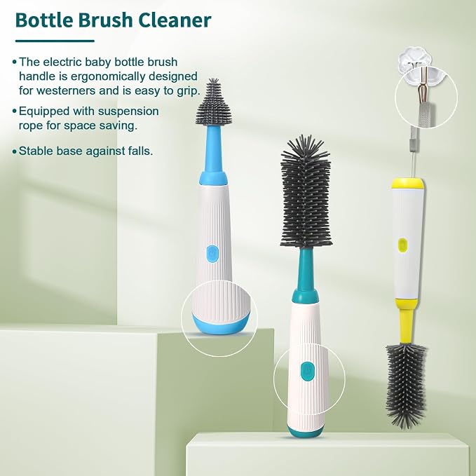 Electric Bottle Brush Set with Electric Bottle Brush Cleaner, 3 Replaceable Baby Bottle Brushes and Extension Handle. Silicone Bottle Brush, Waterproof, Perfect Baby Essentials(Dark Green)