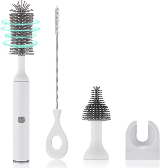 Electric Bottle Cleaner Set - 4 Piece Silicone Brush for Bottles, Pacifiers, Straws - USB Charged 360 High-Speed Rotation Cleaning