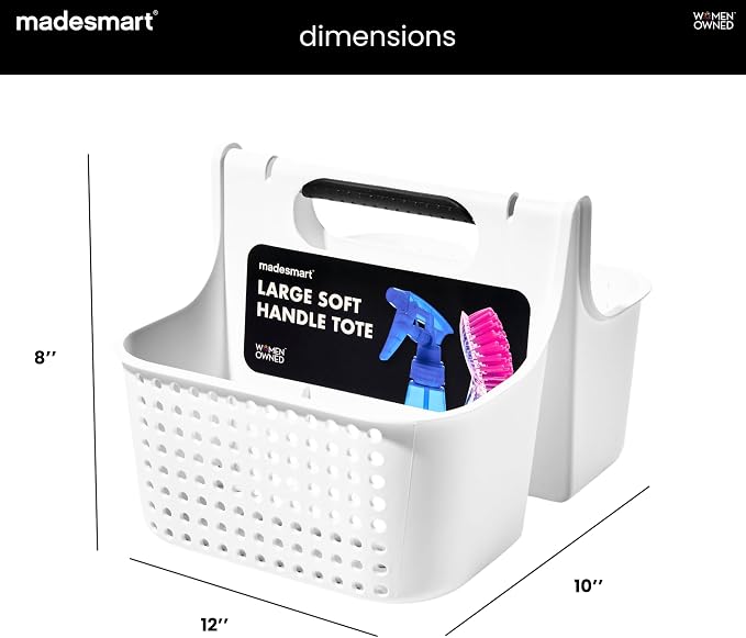 madesmart Large Portable Shower Tote, Plastic Bathroom Organizer Basket with Soft Grip Handle, Dorm Shower Caddy, Shampoo and Soap Holder, Cleaning Supplies Organizer, White