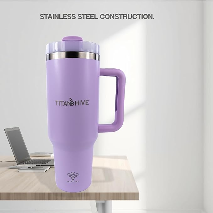 40 oz Insulated Stainless Steel Tumbler with Handle and Straw - Leak Resistant, Cup Holder Friendly Travel Mug (Purple)