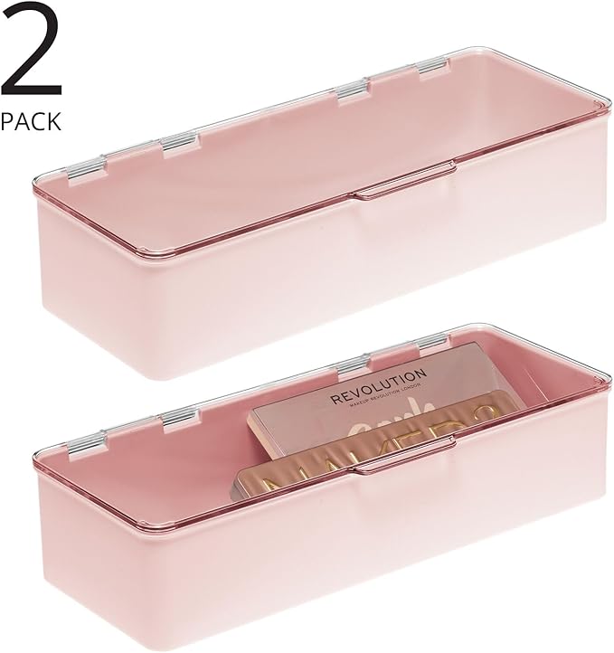 mDesign Long Plastic Cosmetic Storage Organizer Box Containers with Hinged Lid for Bedroom, Bathroom Vanity Shelf or Cabinet, Holds Masks, Palettes, Lotion, or Nail Polish, 2 Pack - Light Pink/Clear