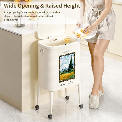 MRBIN Metal Motion Sensor Kitchen Trash Can with Wheel Legs, 36L / 9.5gal Medium Press Lid Slim Waste Basket, Pet Proof Tall Narrow Garbage Pail for Vanity, Living Room, Bathroom, Bedroom, Wheatfield