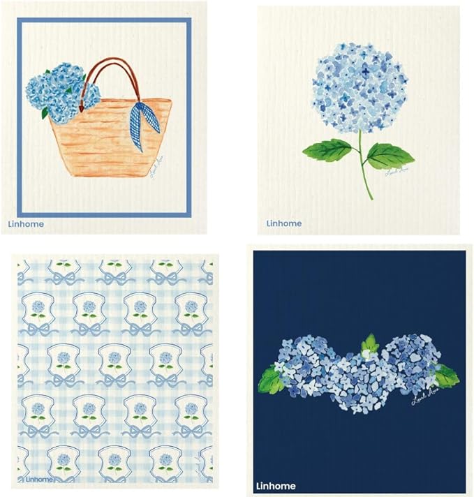 Garden Collection Hydrangea Swedish Dishcloth, Reusable Paper Towel, Super Absorbent Cellulose Sponge, Kitchen Cleaning Cloth, Washable & Compostable (Blue Hydrangea - 4 Pack)