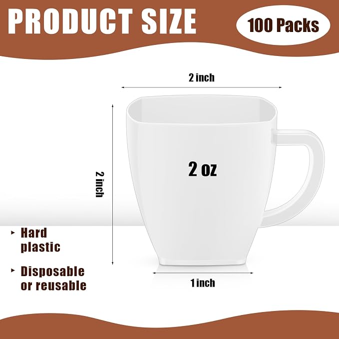 Amyhill 100 Pcs Mini Disposable Tea Cups with Handle, 2oz Hard Plastic Coffee Mug Bulk Plastic Square Disposable Espresso Cups for Wedding Tea Party Catering Dessert Sampling (White)