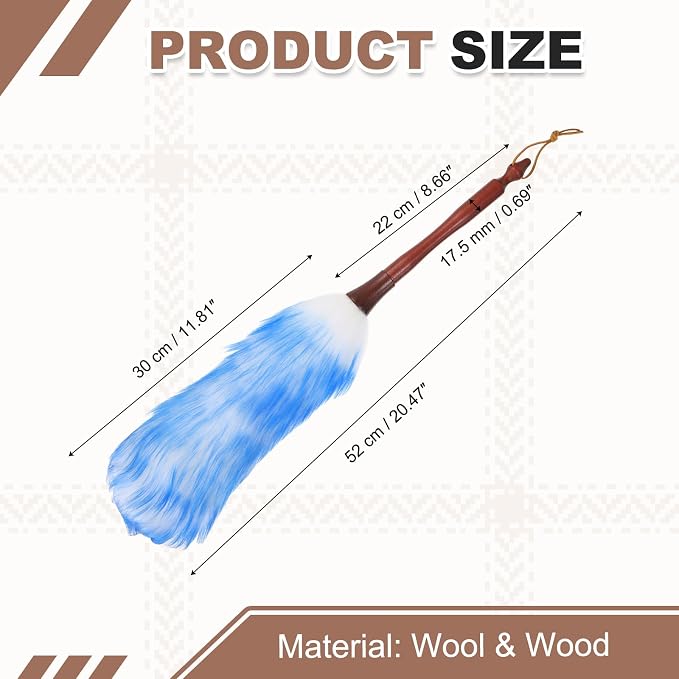 uxcell Wool Duster, 20.5" Natural Feather Cleaner Household Cleaning Duster with Solid Wooden Handle for Cleaning Fans Window Blinds Shelves Furniture, White Blue