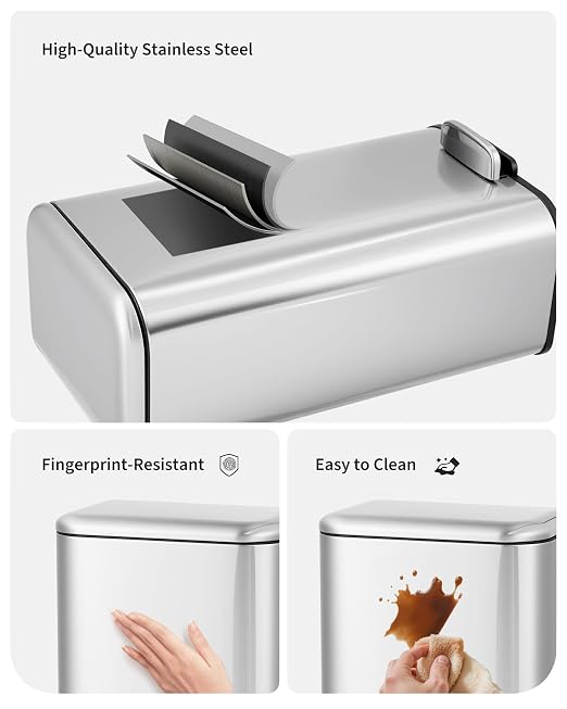 Garvee 8 gal Kitchen Trash Can, Step Garbage Can with Soft-Close Lid, Stainless Steel Recycling Bin with Removable Inner Bucket, Rectangular Waste Container for Living Room, Office, Silver