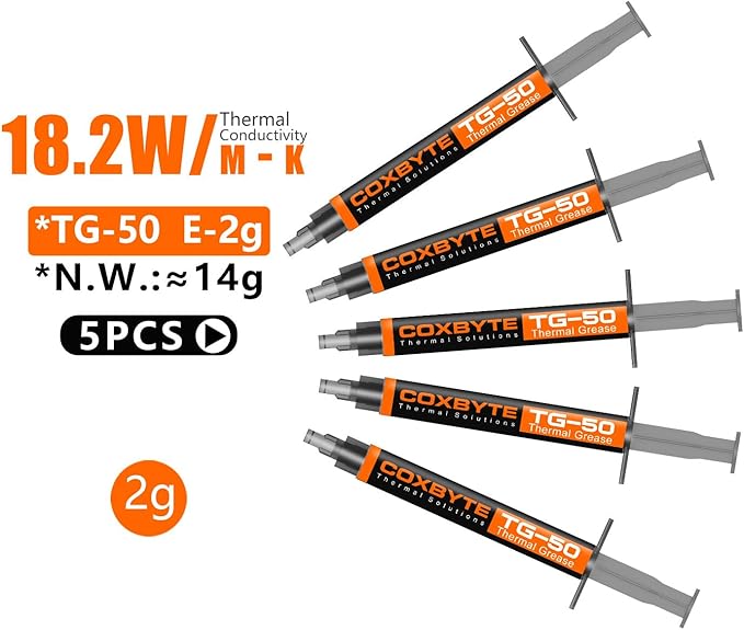 TG-50 Thermal Paste, 18.2W/m-K High Thermal Conductivity, Non-Conductive Thermal Grease for CPU/GPU/Laptop/Server, 5+ Year Longevity, 2g Syringe with Spatula & Cleaning Wipes