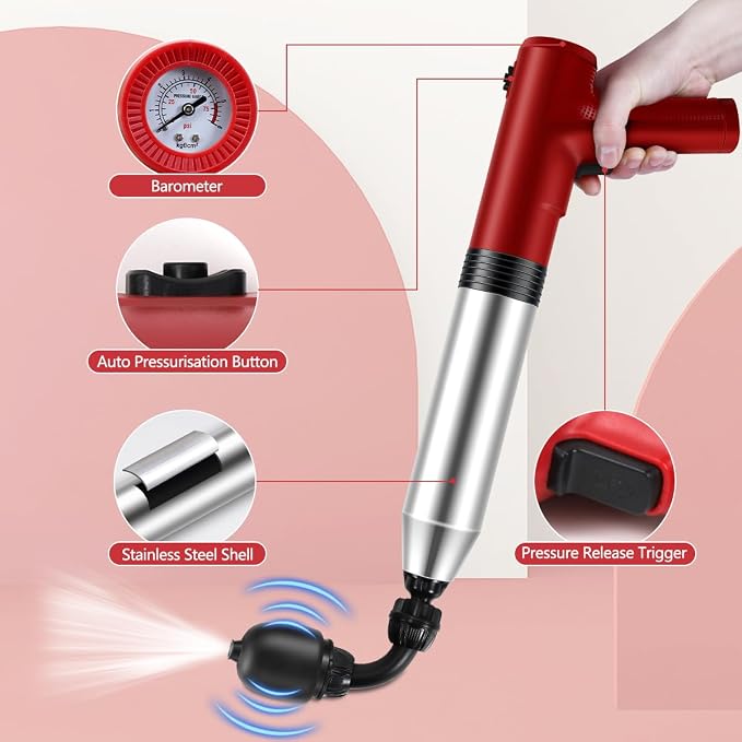 Electric Toilet Plunger High Pressure Electric Air Drain Blaster Gun with Visual Barometer，Air Power Plunger for Bathroom,Kitchen Bathtub Toilet Floor Drain Clogged Pipe