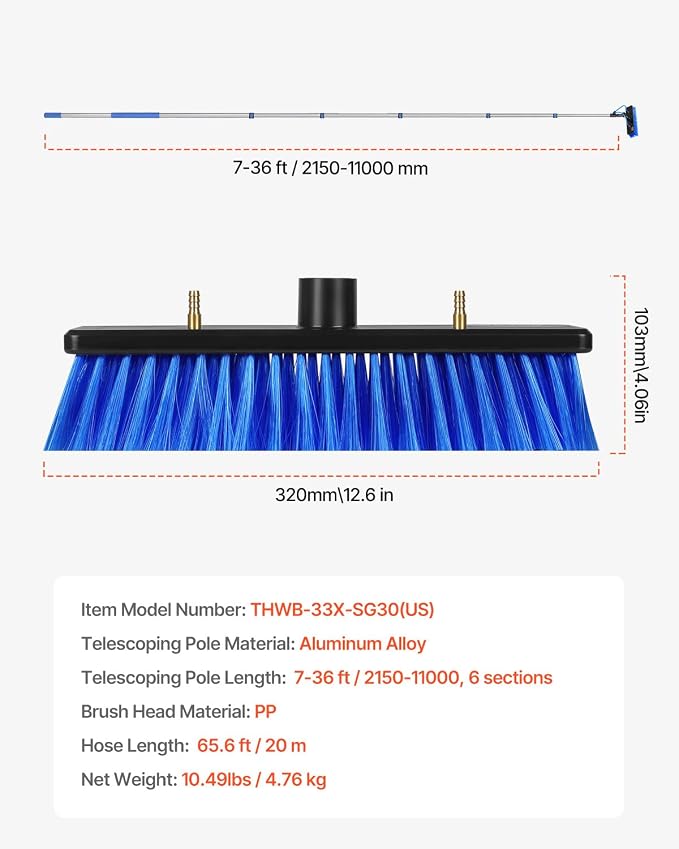 VEVOR Water Fed Pole Kit, 36FT Solar Panel Cleaning Pole with Extendable Handle, 180° Rotatable Brush Head & 65.6FT Hose, Household & Outdoor Window Cleaner Tool for Caravan Solar Panel Deck