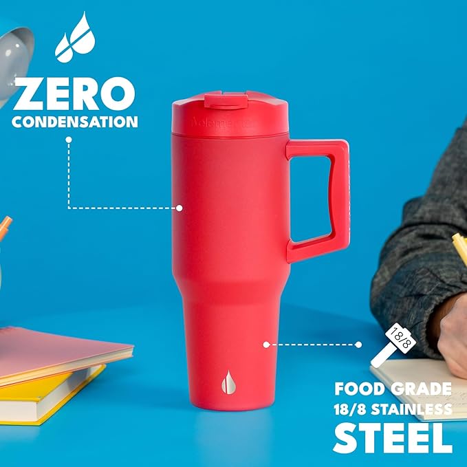 Elemental 32 oz 100% Leak Proof Tumbler with Handle & Straw - Stainless Steel Double Wall Insulated Tumbler for Hot and Cold Beverages - Travel Coffee Mug with Sip & Straw Lid - Red