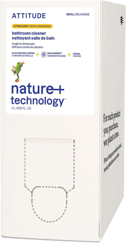 ATTITUDE Bathroom Cleaner Spray Refill, EWG Verified, Plant-Based & Vegan, Safe for Bathroom Surfaces, Tiles, Tubs, Shower Walls, and Grout, Citrus Zest Scent, 67.6 Fl Oz