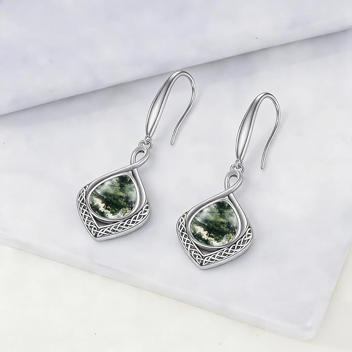 PELOVNY Celtic Knot Filigree Earrings for Women 925 Sterling Silver Moss Agate/Birthstone Infinity Earrings Birthday Christmas Jewelry Gifts for Mom Daughter Wife Sister