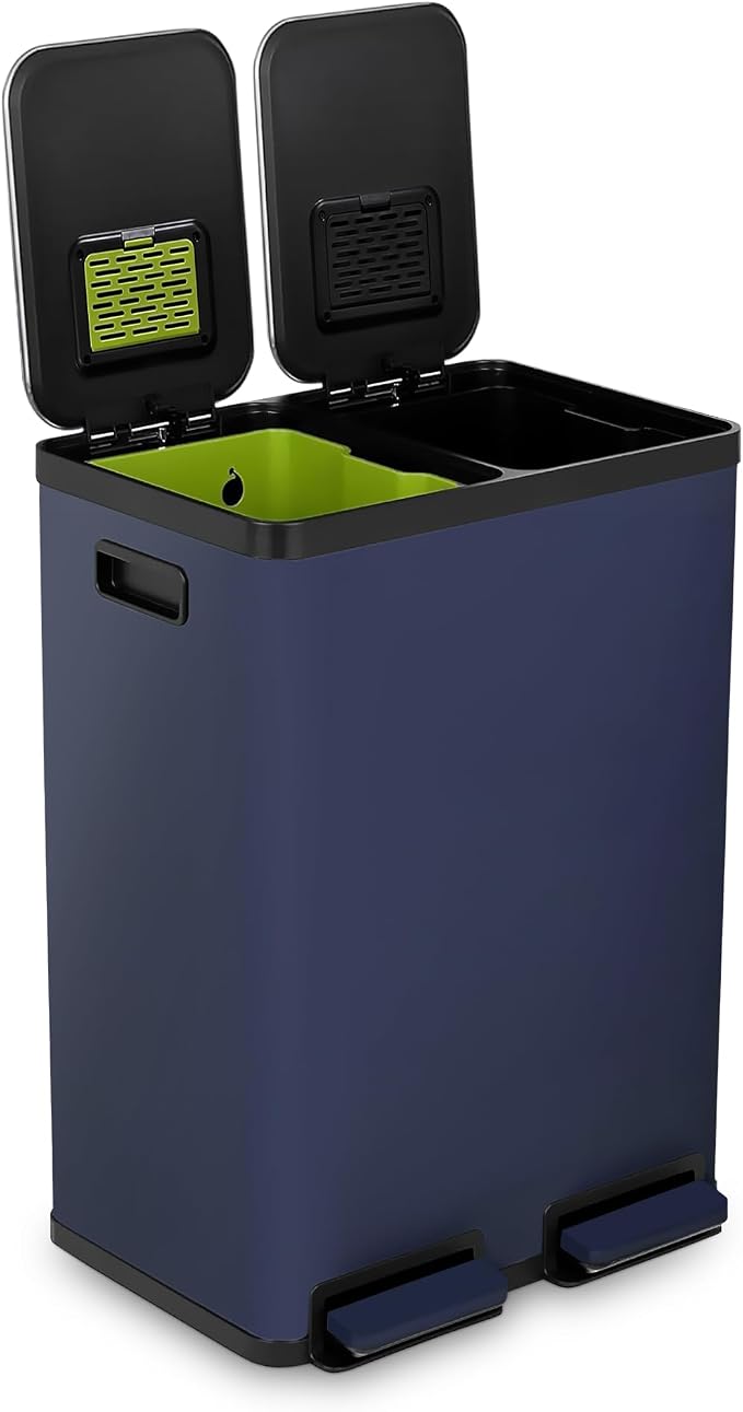 Simpli-Magic 60 Liter / 16 Gallon Rectangular Hands-Free Dual Compartment Recycling Kitchen Step Trash Can with Soft-Close Single Lid, Stainless Steel (30L x 30L Capacity) Blue