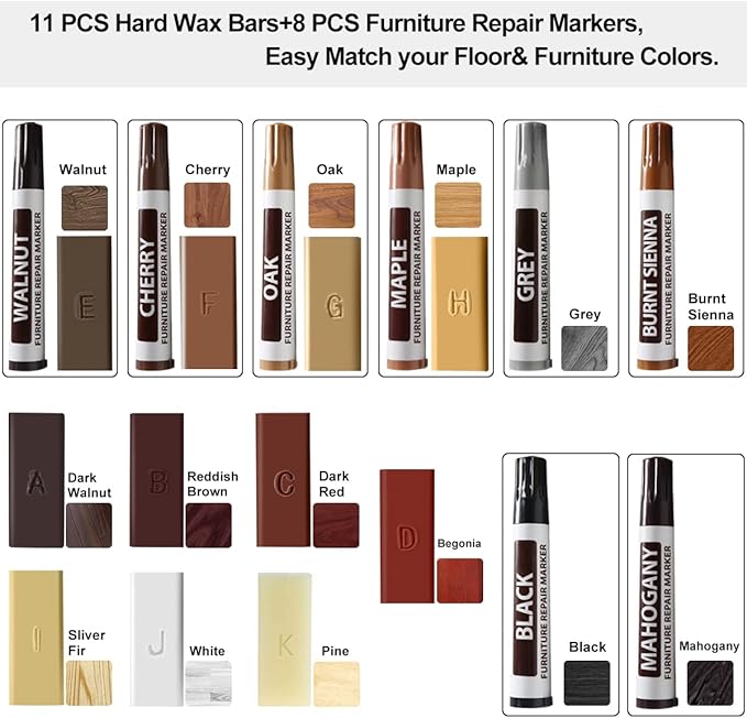 Laminate Vinyl Floor Repair Kit with Heat Pen, 11 Colors Hardwood Floor Wax Wood Furniture Touch up Marker Linoleum Lvp Repair Kit Covers Scratches, Stains, Cracks, Holes for Floor, Door, Cabinet