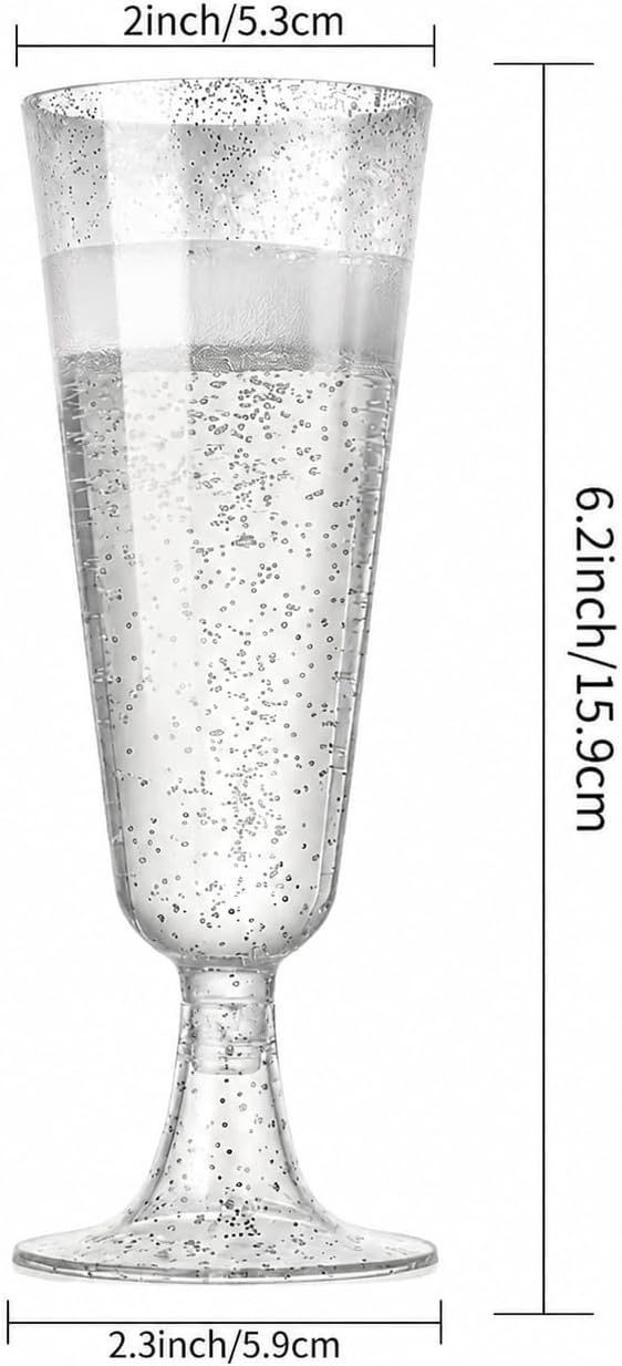 50 Pack Plastic Champagne Flutes 5.5oz Silver Glitter Disposable Suitable for Wedding, Birthday Party, Thanksgiving Day, Christmas Supplies