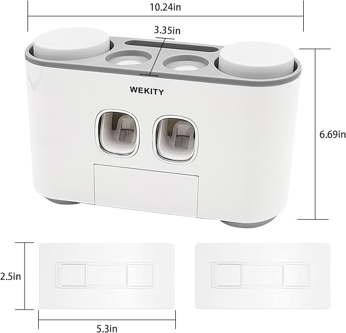 Toothbrush Holder Wall Mounted, WEKITY Multi-Functional Toothbrush and Toothpaste Dispenser for Bathroom, with 5 Toothbrush Slots and 4 Wall Adhesives, 2 Toothpaste Squeezers and 4 Cups