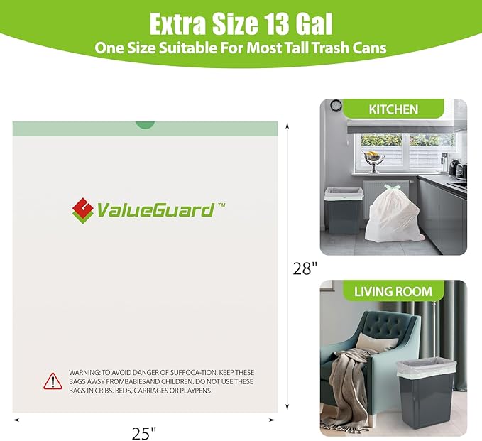 ValueGuard Large Trash Bags 13 Gallon Tall Drawstring 100% Post-Consumer Recycled Garbage Bag Waste Bag for Kitchen Office 0.6 Mil (300 Count)