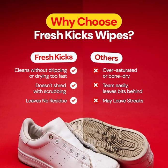 FRESH KICKS Sneaker Wipes Cleaner – 25 – Pack Quick Wipes for Sneakers On-the-Go – Safe on Leather, Suede & White Shoes – Shoe Cleaning Wipes Remove Dirt & Stains – Travel Shoe Cleaner Kit Essential