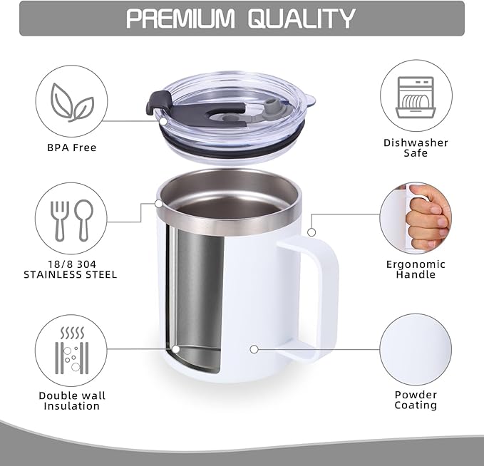 Volhoply 12oz Insulated Leakproof Coffee Mug with Flip & Straw Lid Bulk 4 Pack,Not Suitable for Sublimation,Double Wall Vacuum Stainless Steel Travel Tumbler Cup with Handle(White,4 Set)