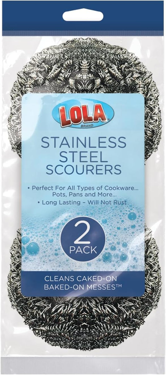 Stainless Steel Wool Scouring Pad, 2 Pack, by LOLA Brand, 18 Grams - Curled Flat Wire, Cleans Caked On & Baked On Messes on Cookware