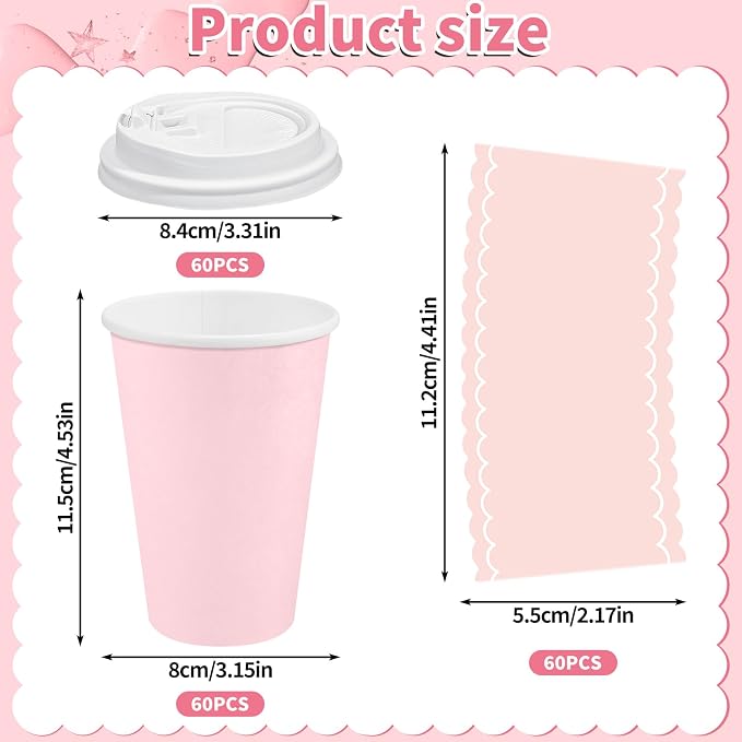 NatNarr 60 Pack Pink Coffee Cups with Lids Sleeves, 12oz Insulated To Go Paper Cups Pink Party Cups Disposable Paper Cups, Drinking Cups for Wedding Birthday Baby Bridal Shower Party Supplies