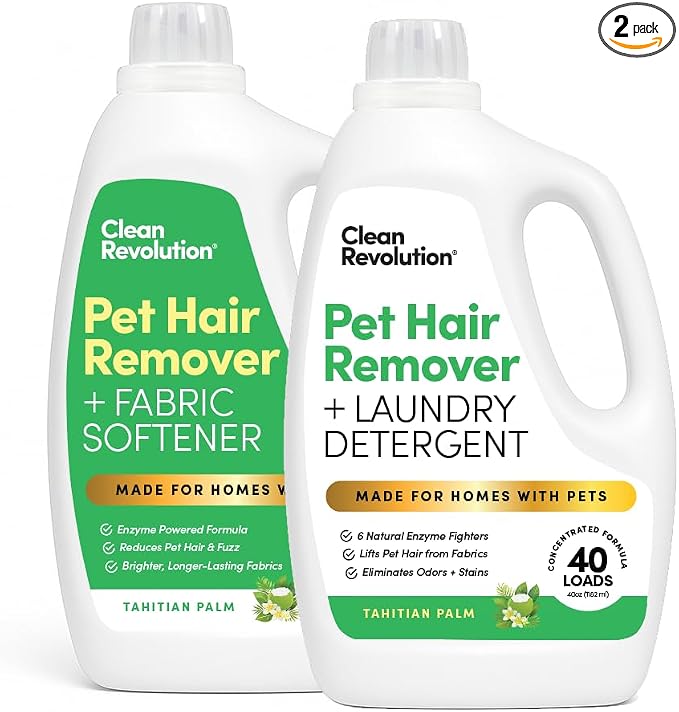 Clean Revolution Pet Hair Remover for Laundry 2-Pack – Removes Dog & Cat Hair Over Time – Enzyme Laundry Detergent & Fabric Softener, Odor Eliminator, Tahitian Palm, 40 oz Each