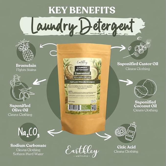 Earthley Wellness Laundry Detergent, Gentle on Sensitive Skin, Bromelain, Safe for Baby Clothes & Cloth Diapers, Eco-Friendly, Pineapple Enzyme to Fight Stains (90 Loads, Unscented)