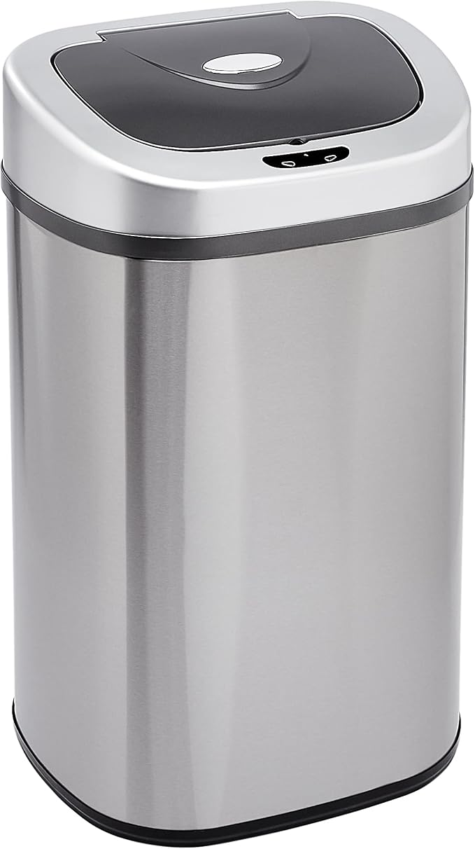 Amazon Basics Automatic Dual Compartment Trash Can with Lid, Hands-Free, Fingerprint Resistant, Odor Control, Stainless Steel, D-Shaped, 80 l, 2 Bins