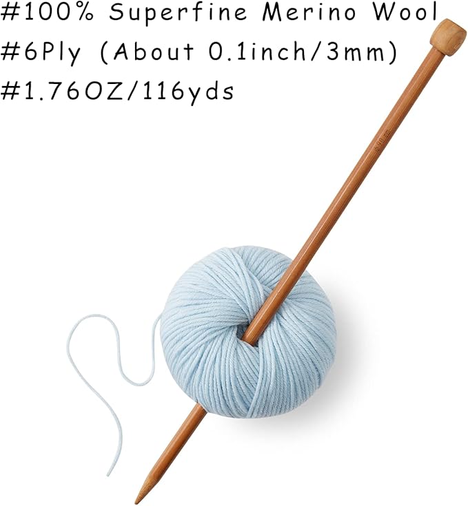 100% Merino Wool Yarn, 6-Ply Luxurious and Soft Yarn for Hand Knitting & Crocheting, 1.76 OZ/50g, 127 yds/116 Meters (Sky Blue, 1 Ball)
