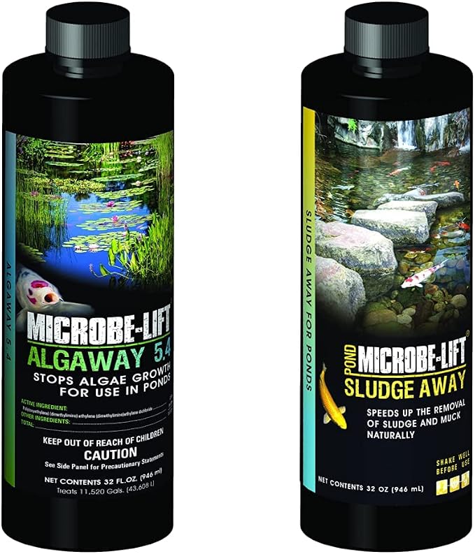 MICROBE-LIFT ALGA32 Algaway 5.4 Algae Control Treatment for Ponds and Water Garden, Safe for Koi Fish, Goldfish, Plants, and Decorations, 32 Ounces | MICROBE-LIFT Sludge-Away Pond and Outdoor Water Garden Sludge and Muck Remover, Safe for Live Koi Fish...