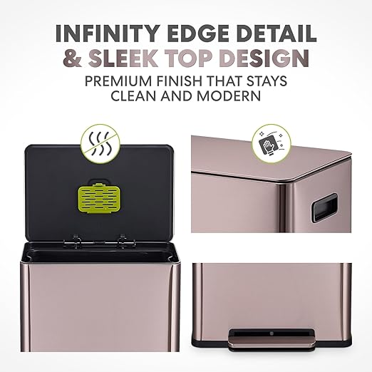 Simpli-Magic Infinity Edge 60 Liter / 16 Gallon Rectangular Hands-Free Extra Large Kitchen Step Trash Can, Soft-Close Single Lid Recycling Bin, Stainless Steel, Gold, 79681