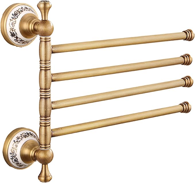 Swivel Towel Rack for Bathroom, Antique Bronze Folding 4 Arms Hand Towel Bars Towel Hanger for Laundry, Wall Mount Storage Space Saving,Porcelain Design