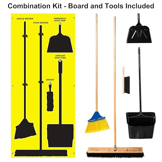 Clean & Sweep 5S Shadow Board/Wall Mount Broom Holder, 68" x 30" Board, 5S Cleaning Station - with Broom and Dustpan Set Included, Made in The USA by AccuformNMC, Yellow/Black, PSB616YLBK