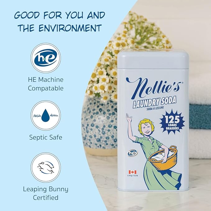 Nellie’s Laundry Soda 125 Load – Only on Amazon – Powder Detergent with 4 Ingredients – No Residue – Hot or Cold Water – HE & Septic Safe – Made in Canada