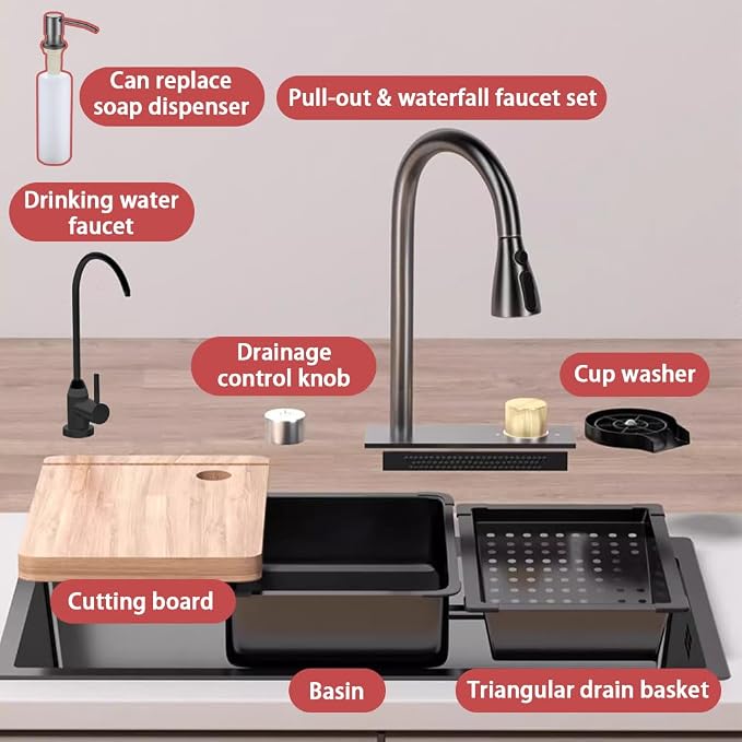 Dark Grey Single Bowl Stainless Steel Waterfall Kitchen Sink with Utility Hot & Cold Pull-Out Faucet,Knob Control Workstation Sink With Cup Washer,Drainage Basket (31.5 * 17.7 * 8.3in)