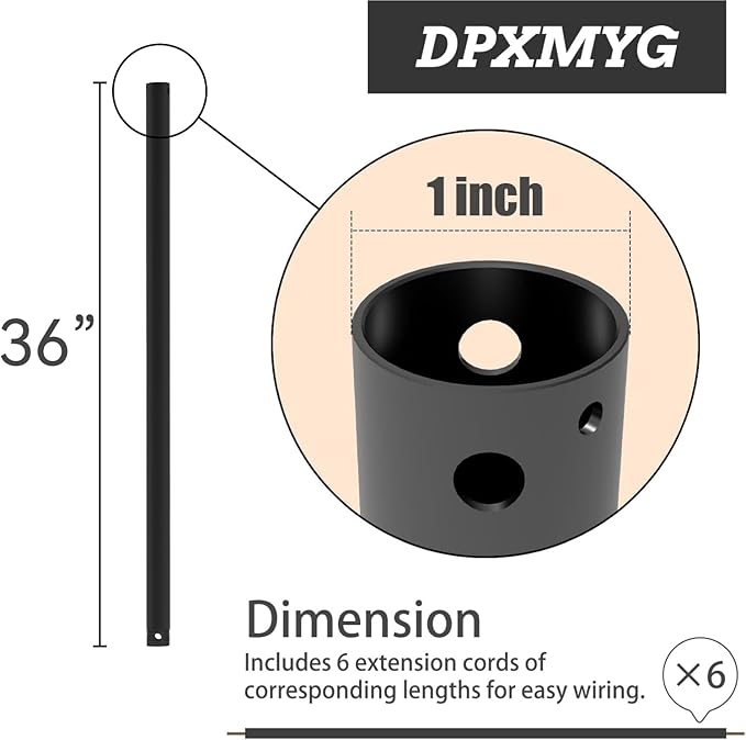 36 inch Ceiling Fan Downrod with Extension Cord, 3 FT Black Downrod, 1 inch Outside Diameter, Ceiling Fan Boom Suitable for a Wide Range of Fans (with Threaded)